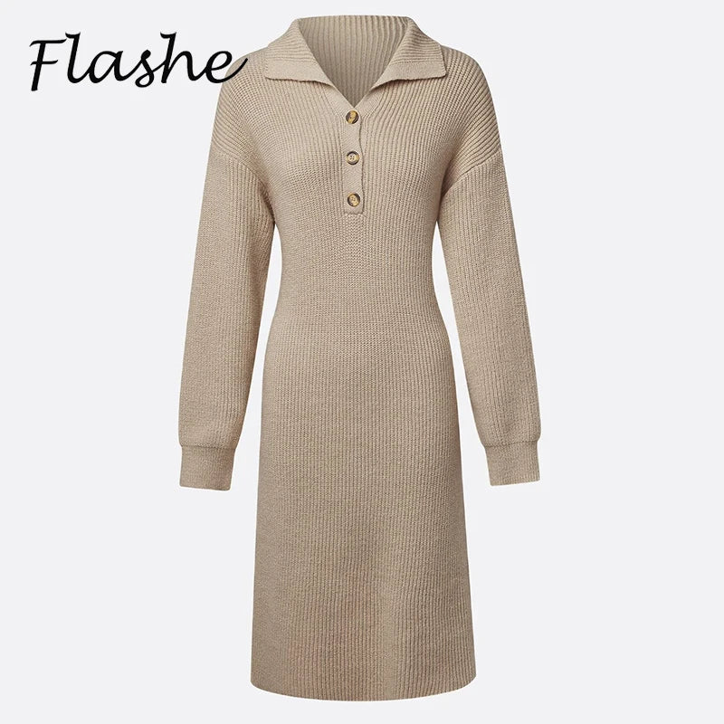 Autumn Winter Long Sleeve Knitted Dresses For Women Fashion Button Design Long Sleeve Lady Office Dress Women Elegan Party Dress