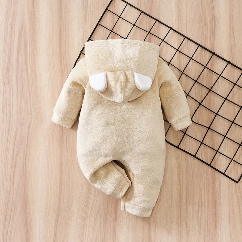 Newborn Baby Romper Winter Flannel Beige bear Hooded ears long sleeve Unisex Baby Pajamas 0-18 months Comfort Clothes