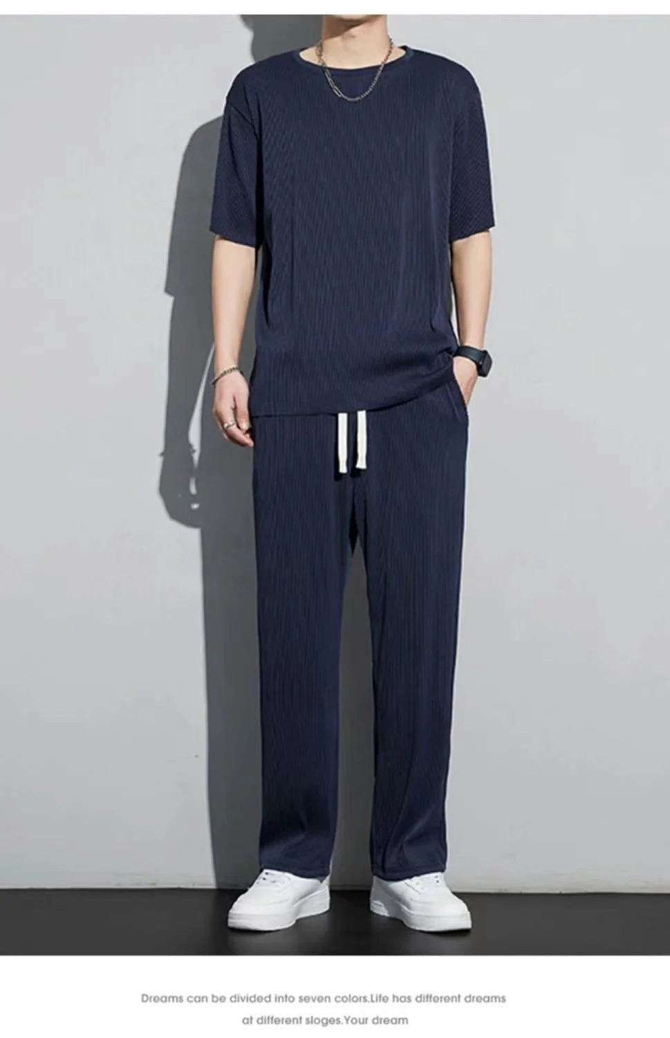 Men's Wrinkled Ice Silk Sports Set 2024 Summer New Short sleeved Long Pants Two piece Set Fashionable, Breathable, and Cool 3