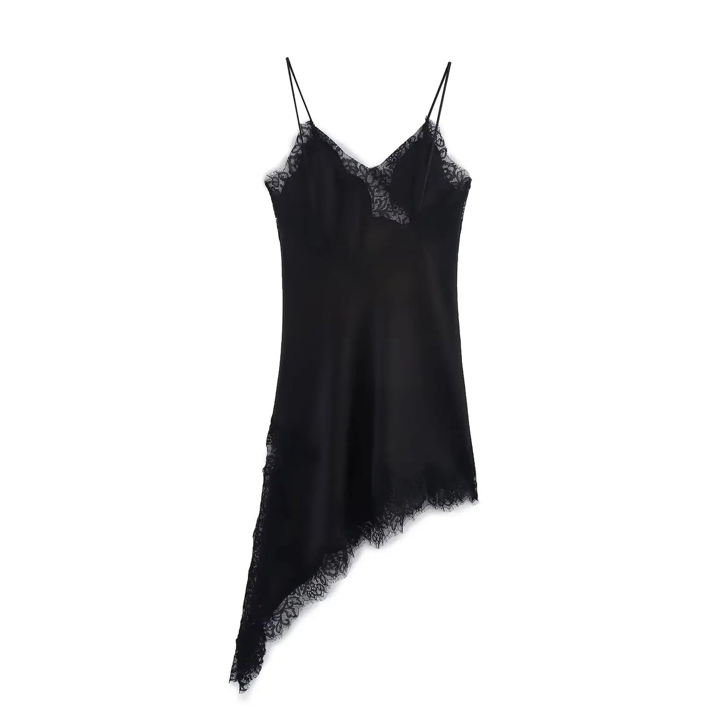 Women Satin Sexy Lace Spliced Sling Dress Sleeveless Backless Asymmetric Split Street Party Dresses 2025 Newest Lady Dress