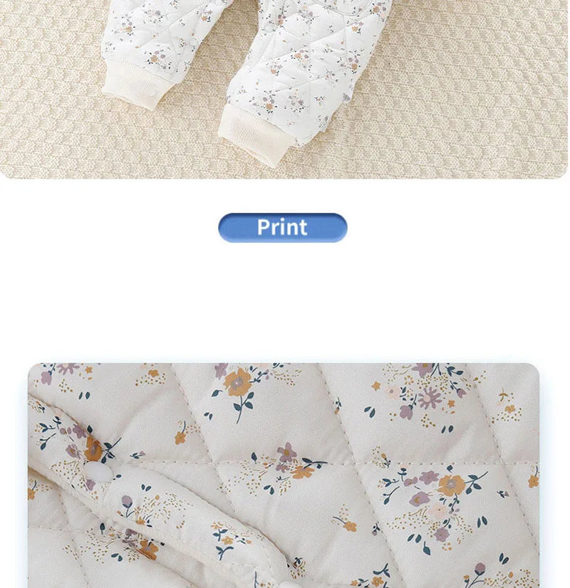 2PCS Set Baby Cute Floral Rompers Infant Diamond Flower Fleece Padded Jumpsuit with Hat 0-2T Toddler Thicken Outwear Clothes