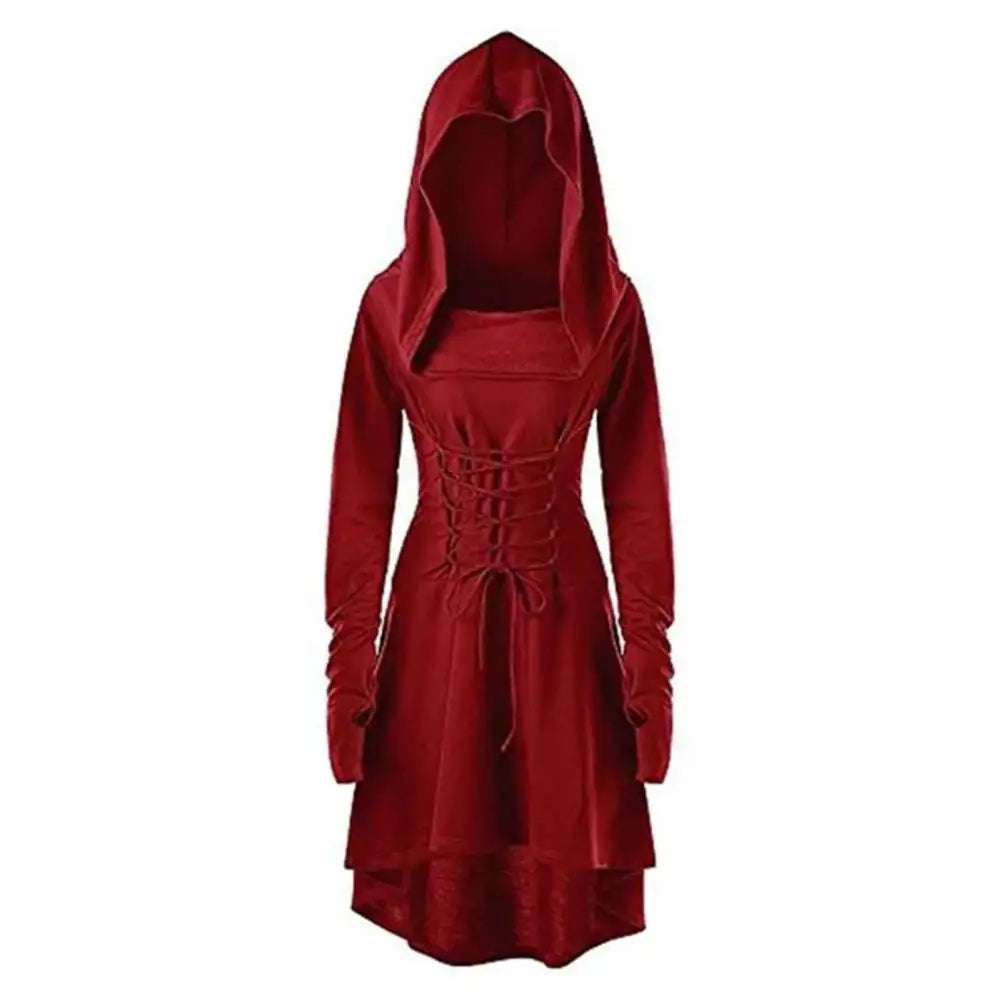 Women Milk Silk Dress Hooded Long Sleeves Lace-up Strap Slim Waist Irregular Hem Women Midi Dress Festival Party Halloween Dress