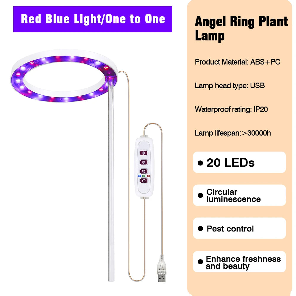 LED Grow Light Full Spectrum with UV IR Angel Ring Phytolamp DC5V USB for Indoor Grow Tent Planting