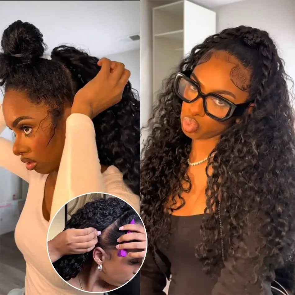 Deep Wave 3 In 1 Half Wig 100% Human Hair Glueless Curly Wigs Ready to Wear Seamless Flip Over Half Wig With Drawstring Clip Ins