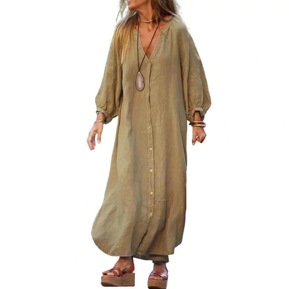 Spring Autumn Women Long Dress Loose Button-down 3/4 Sleeves Maxi Dress Pure Color V Neck Cardigan Casual Dress For Daily Wear
