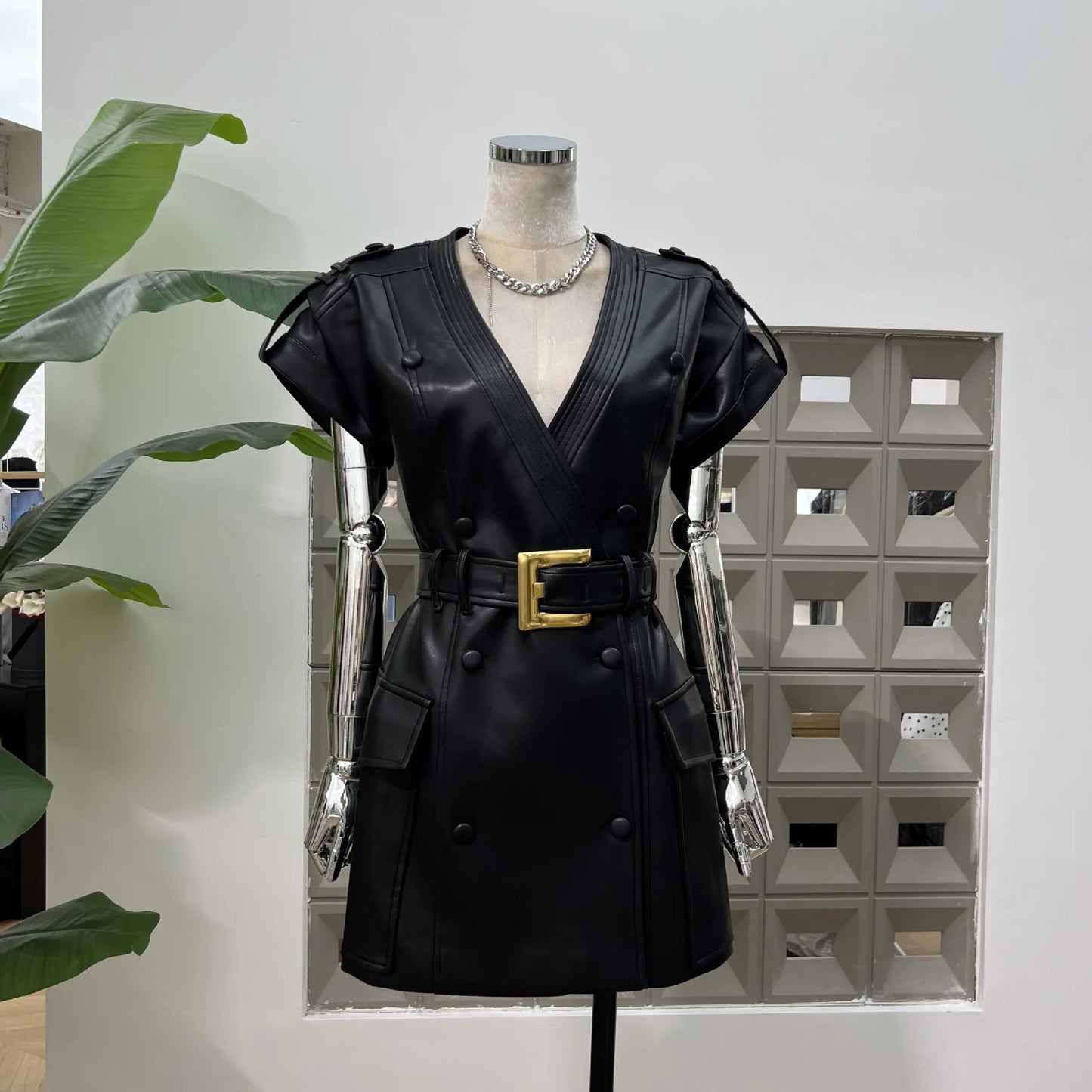 DFDG 2025 Women’s V-Neck Wide Shoulder Overlap Placket Double Breasted PU Leather Bodycon Dress Unique Design Cocktail Dress