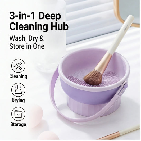 Silicone Makeup Brush Cleaning Bowl, Beauty Egg Tool with Drying Shelf – Storage Set for Powder Puff & Brushes