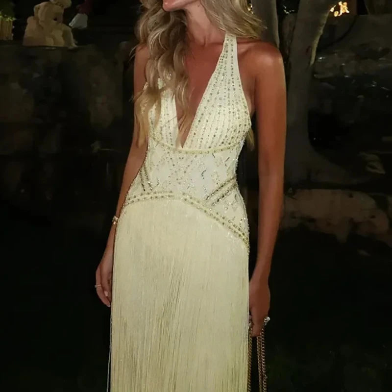 New 2026 Women's Banquet President Dress Fashion Sequin Tassel Slim Cocktail Dress Elegant Temperament Off Shoulder Strap Dress