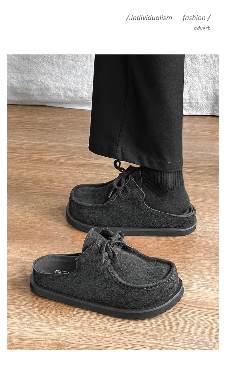 2025 Retro bag head lace-up leather one-pedal summer half slippers men and women couple cowhide shoes