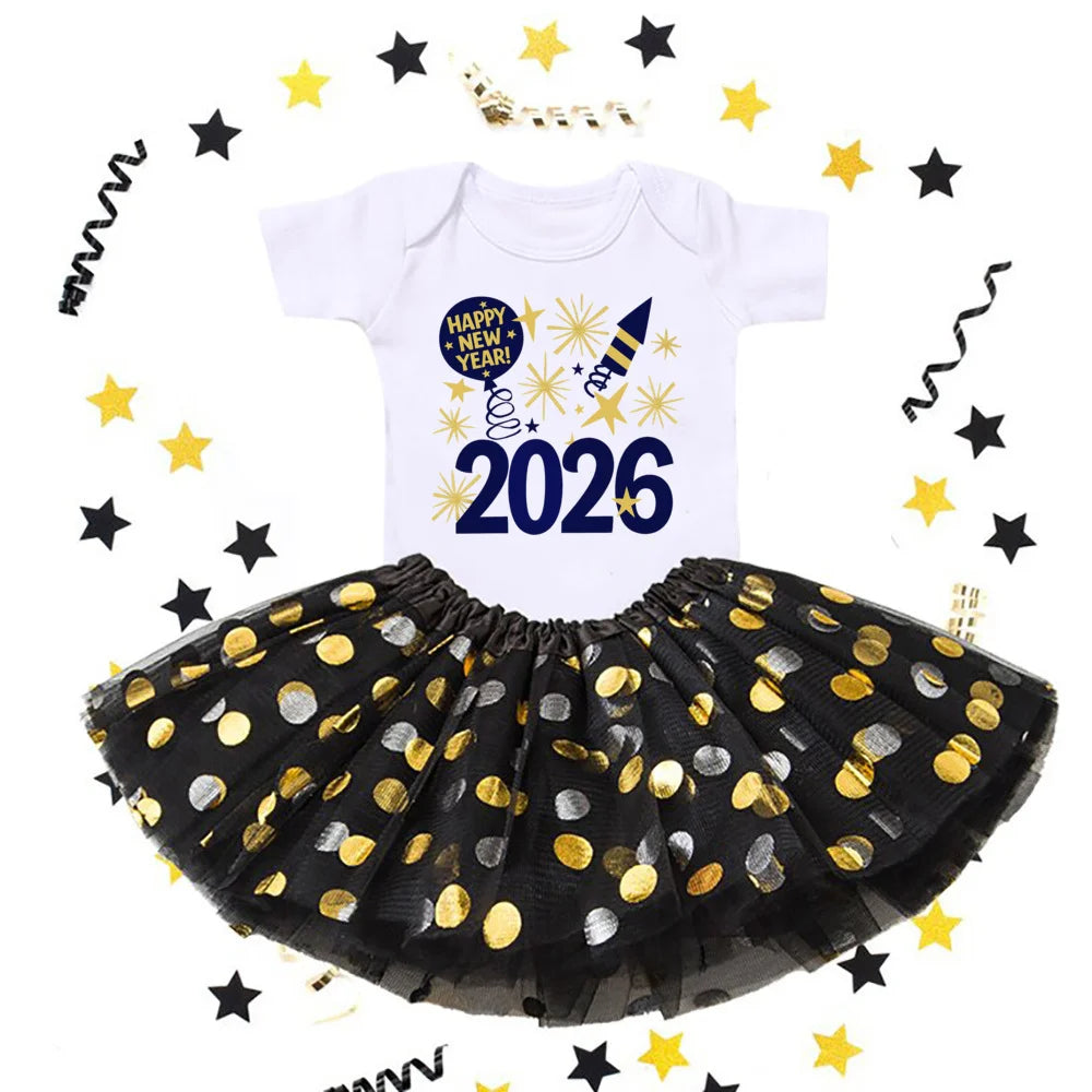 Hello 2026 Print 2 Piece Baby Girls Bodysuit Dress Set New Year Girl Short Sleeve Romper + Tutu Skirt Infant Dresses Set Outfit