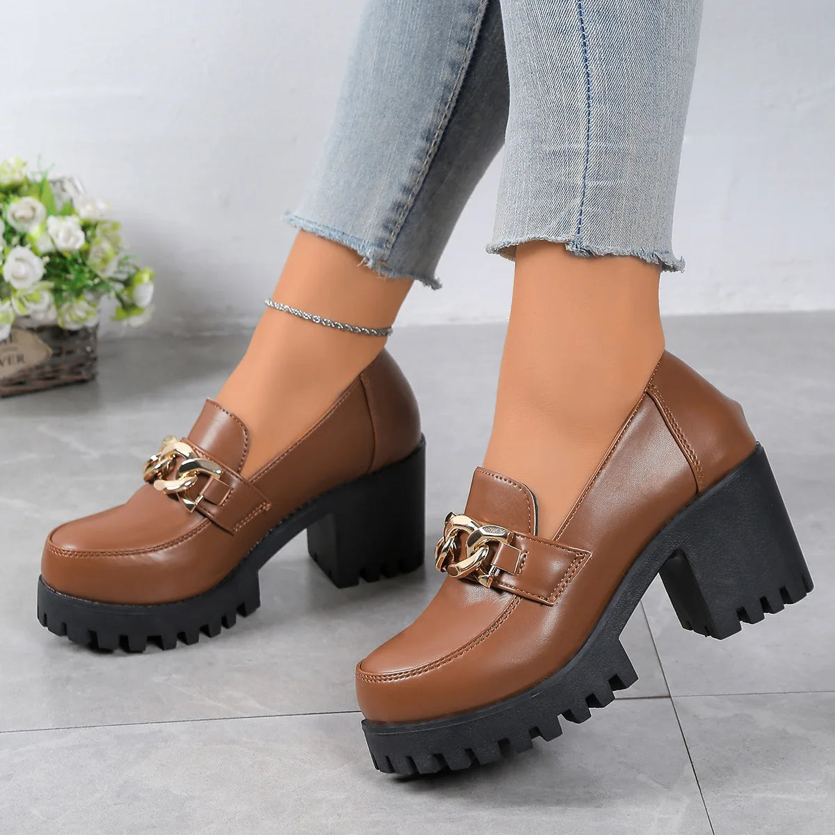 Women's Large Size Thick Heel Slip-On round Toe Leather Shoes Spring Autumn New Style Korean Style PU Leather Mid Heel