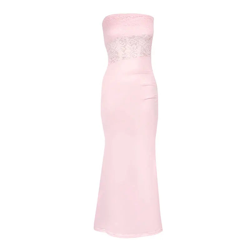 Summer New Women Maxi Dresses Pink Sexy Lace Sweet Sleeveless Backless Dress Streetwear Fashion Casual Slim Lady Dress Clothing