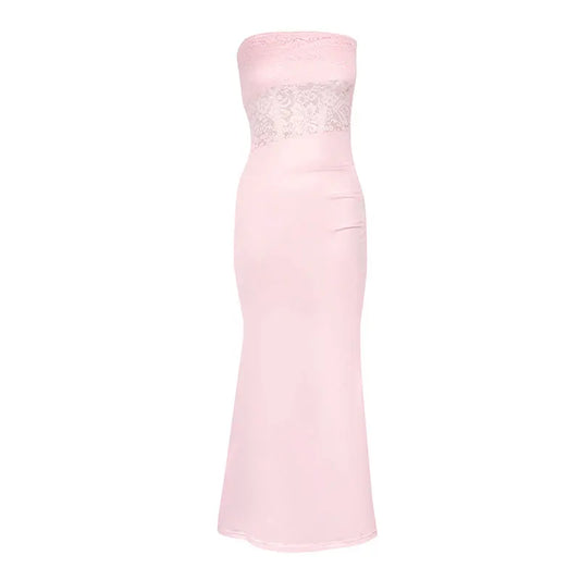 Summer New Women Maxi Dresses Pink Sexy Lace Sweet Sleeveless Backless Dress Streetwear Fashion Casual Slim Lady Dress Clothing