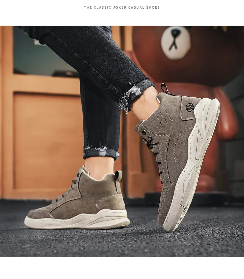 Men's High Top Sport Shoes Winter New Fashion Retro Outdoor Travel Matching Lace up Leather Surface Shoes Comfortable Casual Sne