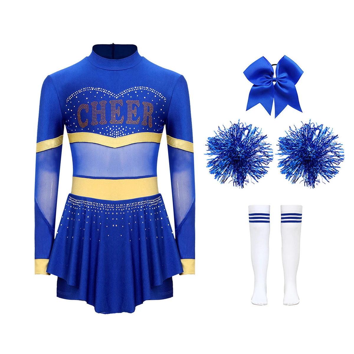 Girls Cheerleader Costume Long Sleeve Cheerleading Uniform Children Cheer Dance Dress Hand Flower Socks Stage Dancewear Sets
