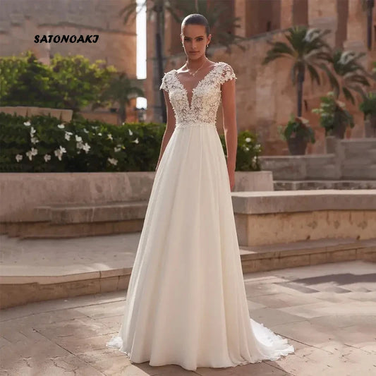 Customized Elegant Simple V-Neck Lace Chiffon Wedding Dress for Women Cap Sleeve Backless Appliques Bride Gown Vestidos De Novia