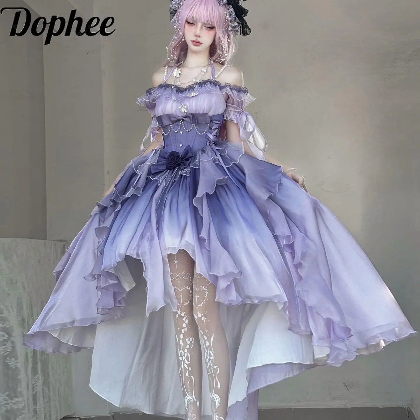 Dophee Flower Wedding Dress Lolita Purple Trailing Princess Dress Sexy Off Shoulder Short Sleeve Graduation Long Puffy Dresses