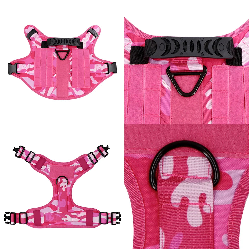 Tactical Pink Dog Harness Leash Set for Medium to Large Dog Adjustable Chest Strap Heavy-Duty Nylon for Outdoor Training Walking