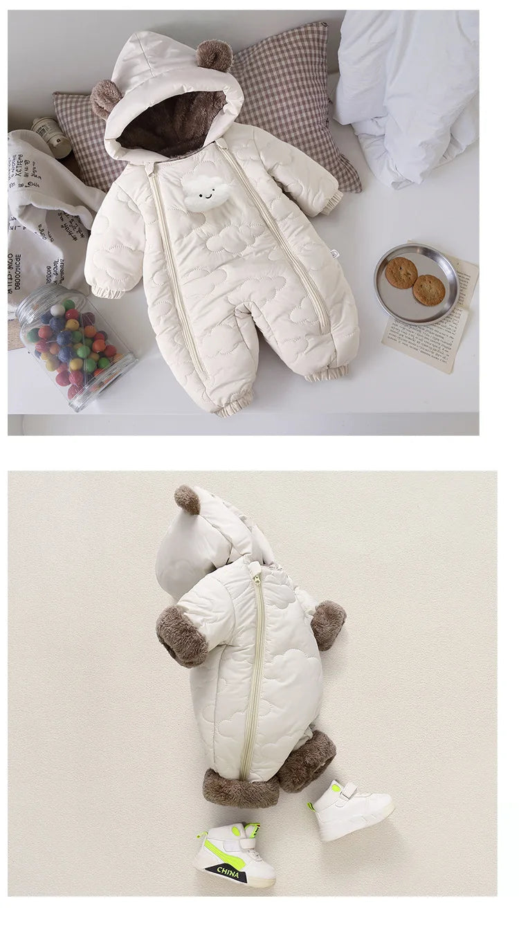 Toddler Baby Girl Boy Jumpsuit Thickened Fleece Lined Double-Layer Hooded Romper 0-2Y Cute Bear Ears Winter Warm Kids Snowsuit