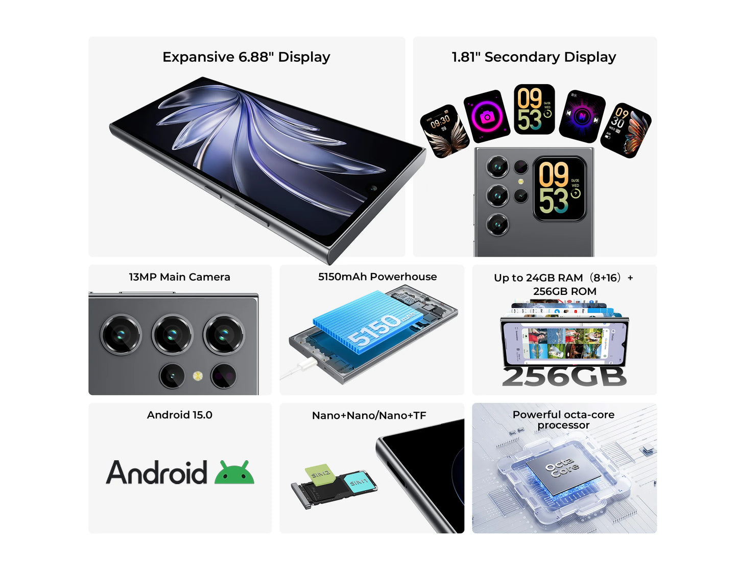OUKITEL C62 Pro NFC Smartphone Android 15, 6.88" HD+ 1.81" Sub Screen Unisoc T615 Cell Phone, 24GB (8+16) + 256GB, 5150mAh