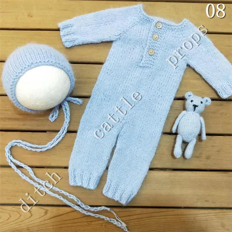 Newborn Photography props Pants Climbing Clothes BearTotal of Three Sets Handmade Knitted Mink