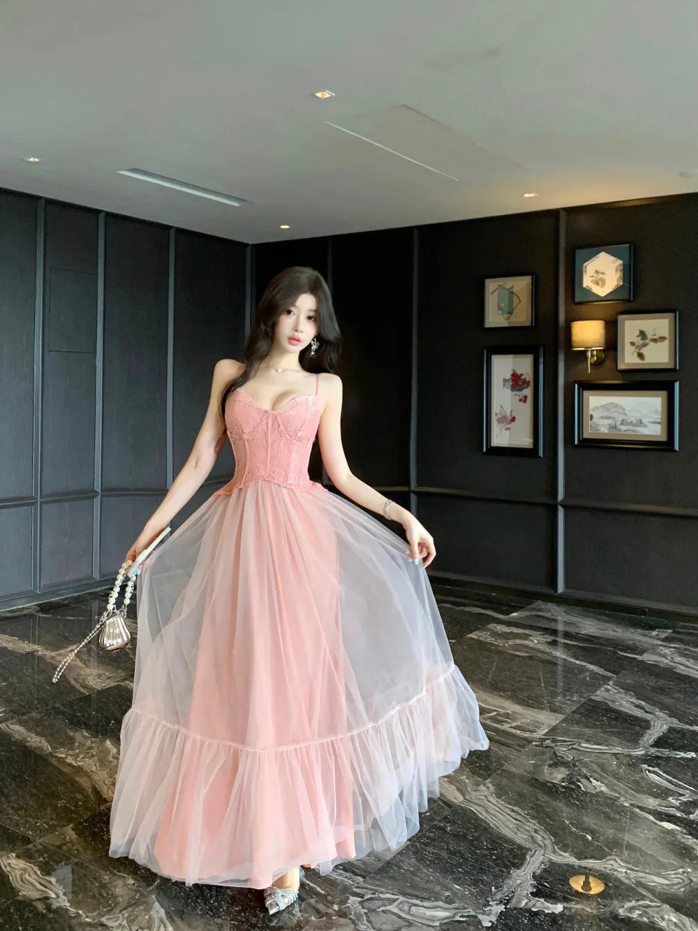 2025 French Elegant Luxury Evening Dress Women Chic Gown Fashion Mesh Lace Party Dresses Heavy Craftsmanship Boned Wedding Dress