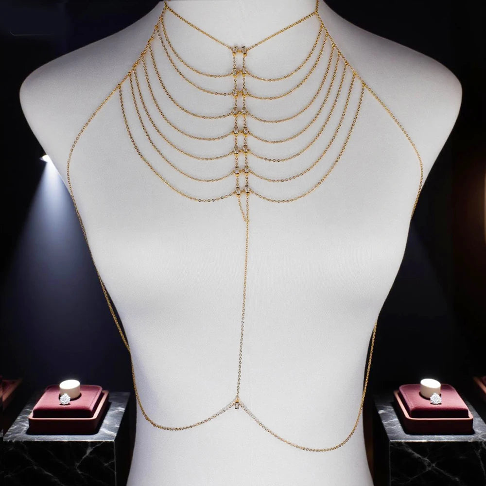 Multi-layer Body Chain Necklace Dress Women Sexy Harness with Colorful CZ Paved Hollow Bling Tassel Chain Fashion Party Jewelry