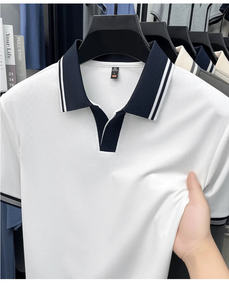 Light luxury summer new short sleeve polo shirt silky breathable high-end men's fashion personalized color blocked lapel T-shirt