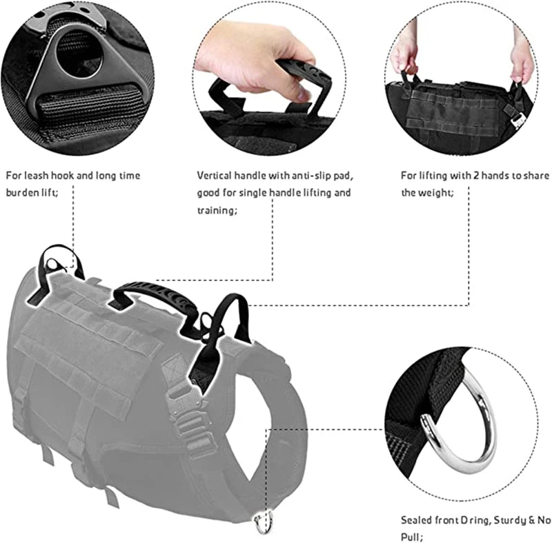 Tactical Dog Harness, Adjustable No-Pull Handle Service Vest Heavy Duty Pet Large Breed,  Dog Vest for Training Hunting Walking