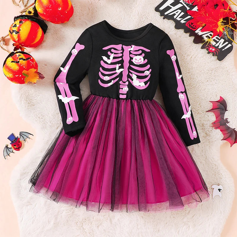 Girls Halloween Dress 2-7 Years Rainbow Skeleton Costume with Glow-in-Dark Print Toddler Party Dress for Witch Party & Cosplay