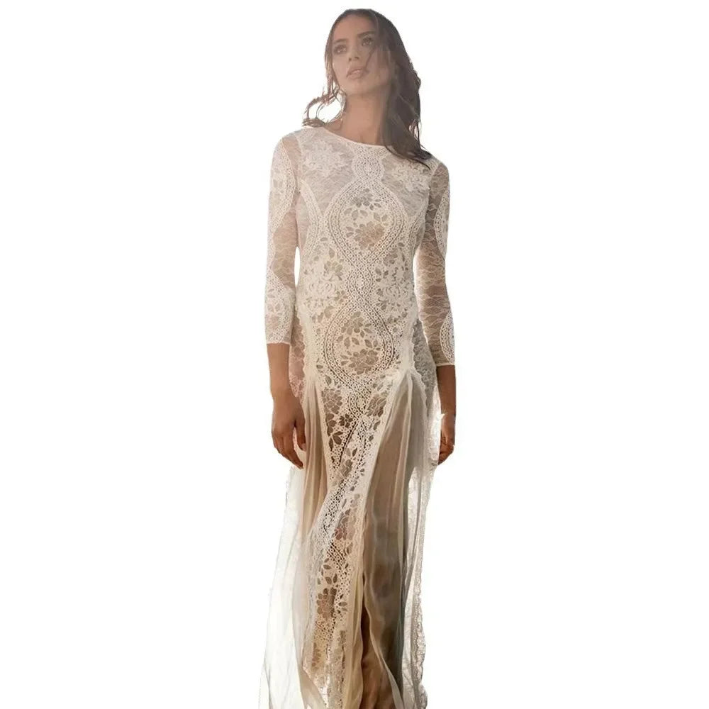 2025 Spring New Women's Celebrity Banquet Wedding Dress Crew Neck Long Sleeve Printed Halter Lace Dress