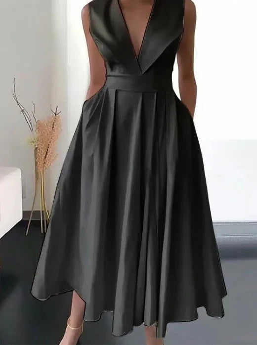 Hot Sale Of The Season New Women's Midi Dress Sleeveless Waist Cinched Large Flounce Pure Color Pocket Insertion Cross-Border...