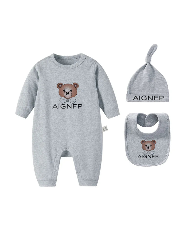 Cute Bear Jumpsuit Newborns Autumn Clothes 2025 Hot Sale New Soft Bib scarf Hat Toddler Romper Sets Baby Long sleeves Bodysuits