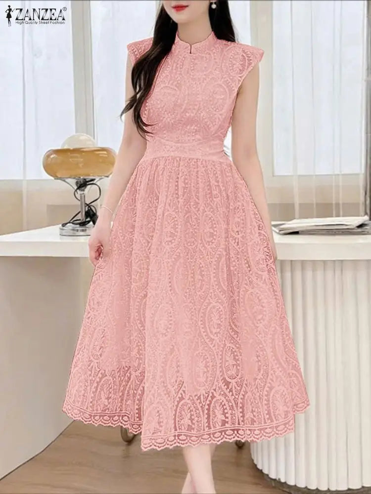 ZANZEA Elegant Women's Wedding Guest Party Midi Dress Embroidered Mesh Patchwork Stand Collar Cap Sleeve Dresses Woman Clothes