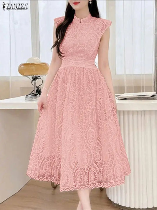 ZANZEA Elegant Women's Wedding Guest Party Midi Dress Embroidered Mesh Patchwork Stand Collar Cap Sleeve Dresses Woman Clothes