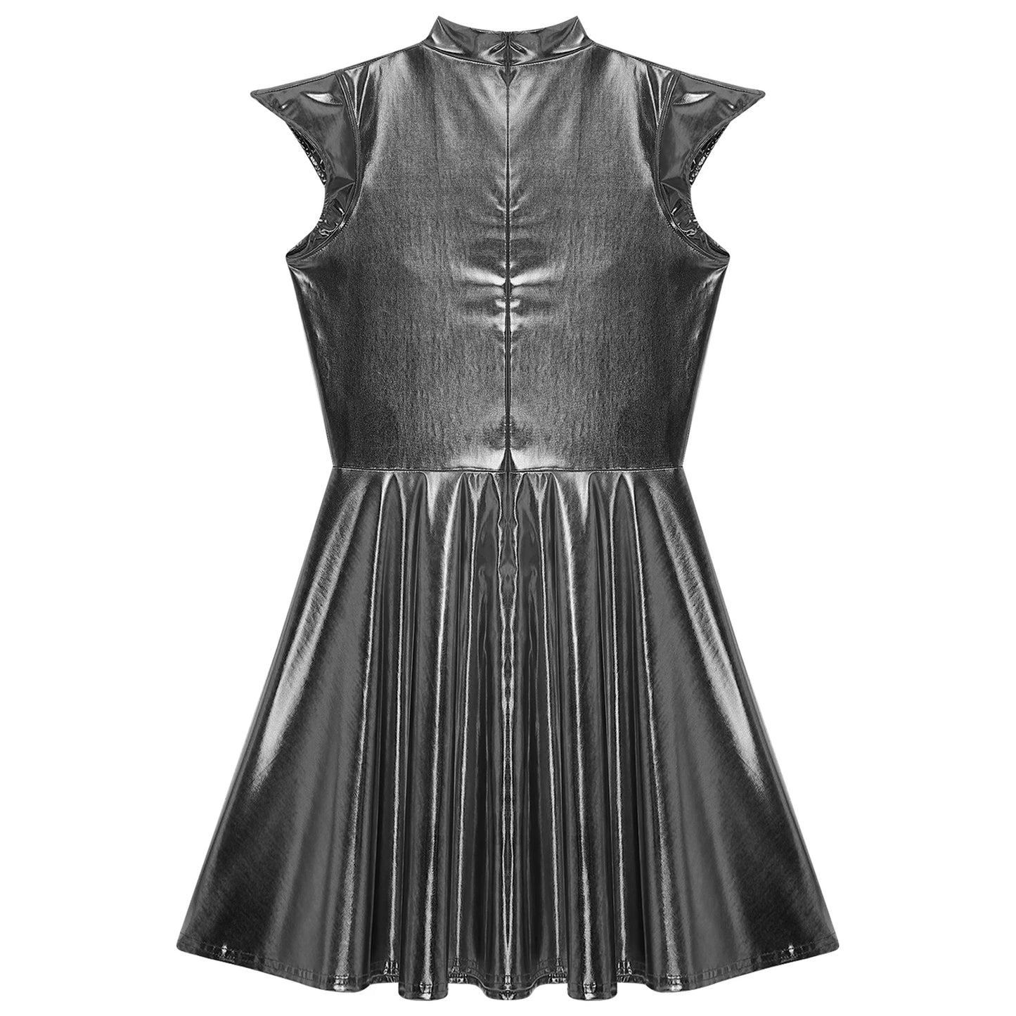 Womens High Waist A-line Dress Shiny Metallic Mock Neck Cap Sleeve Dress Modern Pole Dance Rave Party Bar Club Wear Street Wear