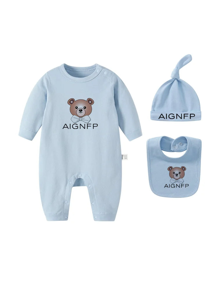 Cute Bear Jumpsuit Newborns Autumn Clothes 2025 Hot Sale New Soft Bib scarf Hat Toddler Romper Sets Baby Long sleeves Bodysuits