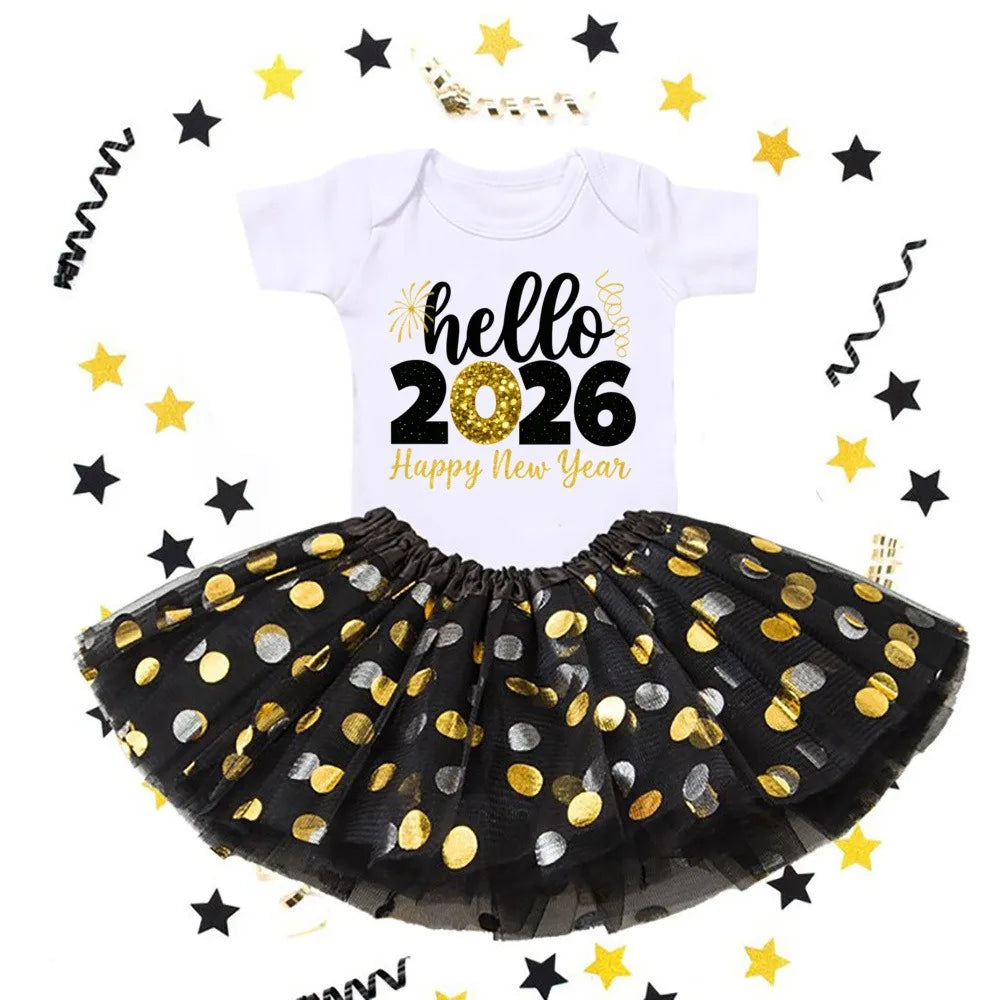 Hello 2026 Print 2 Piece Baby Girls Bodysuit Dress Set New Year Girl Short Sleeve Romper + Tutu Skirt Infant Dresses Set Outfit