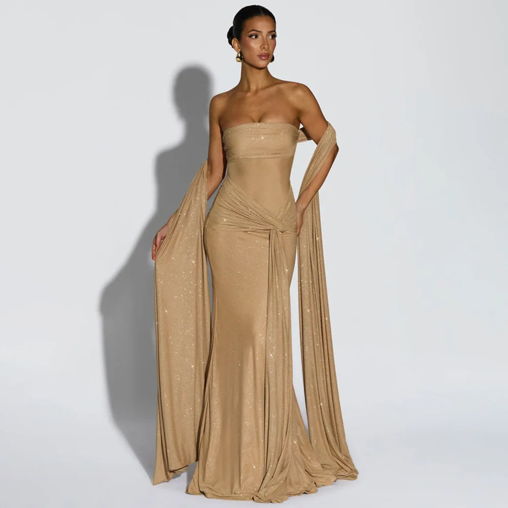 Townlike Slim Bodycon A-line Maxi Long Dress Women 2025 Summer Dress Ribbon Sparkle Glitter Nightclub Sexy Party Dresses