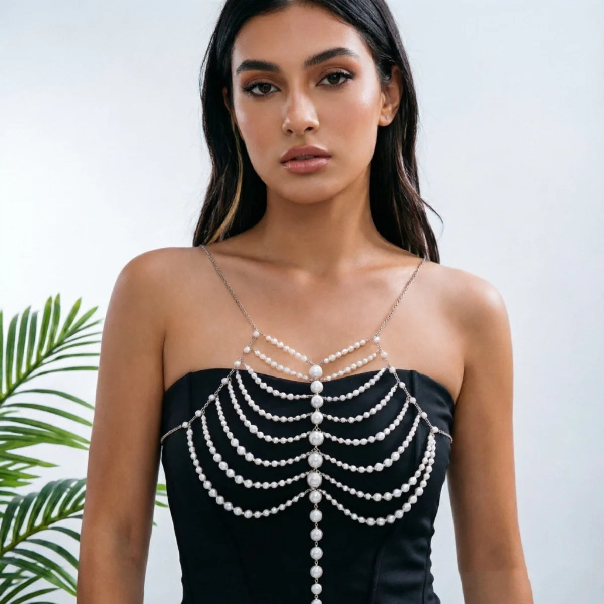 Elegant Simulated Pearl Beaded Halter Waist Chest Chain For Women Summer Beach Club Party Pearl Beads Body Chain Body Jewelry