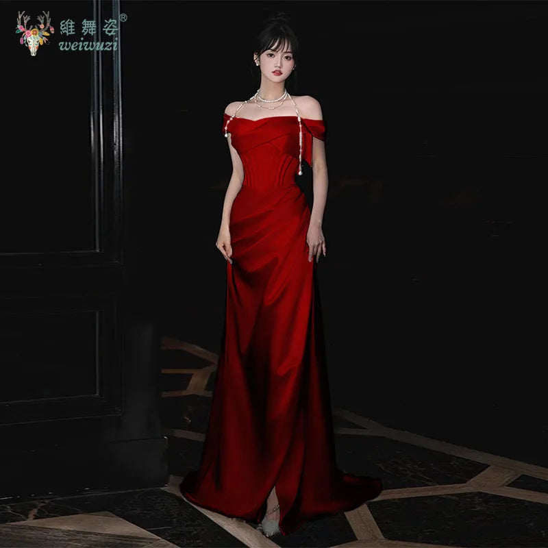 French Style Luxury Pleat Satin Strapless Light Wedding Bridal Dress Off-Shoulder Light Wedding Dress Birthday Party Prom Gowns
