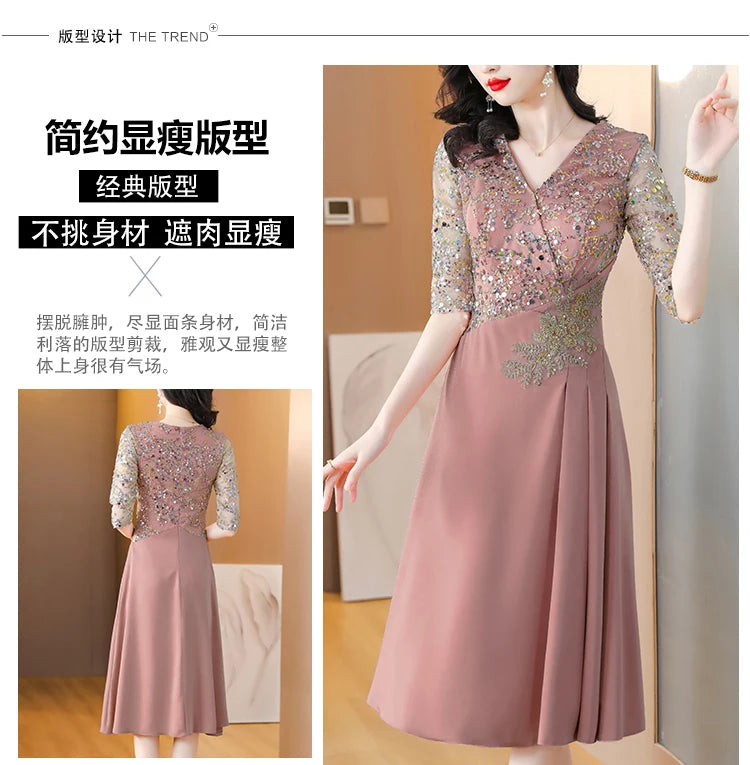 Summer New Sequins Luxury Chic Evening Wedding Dress 2024 Women's Elegant Bodycon Midi Dress Satin Vintage Casual Party Vestidos