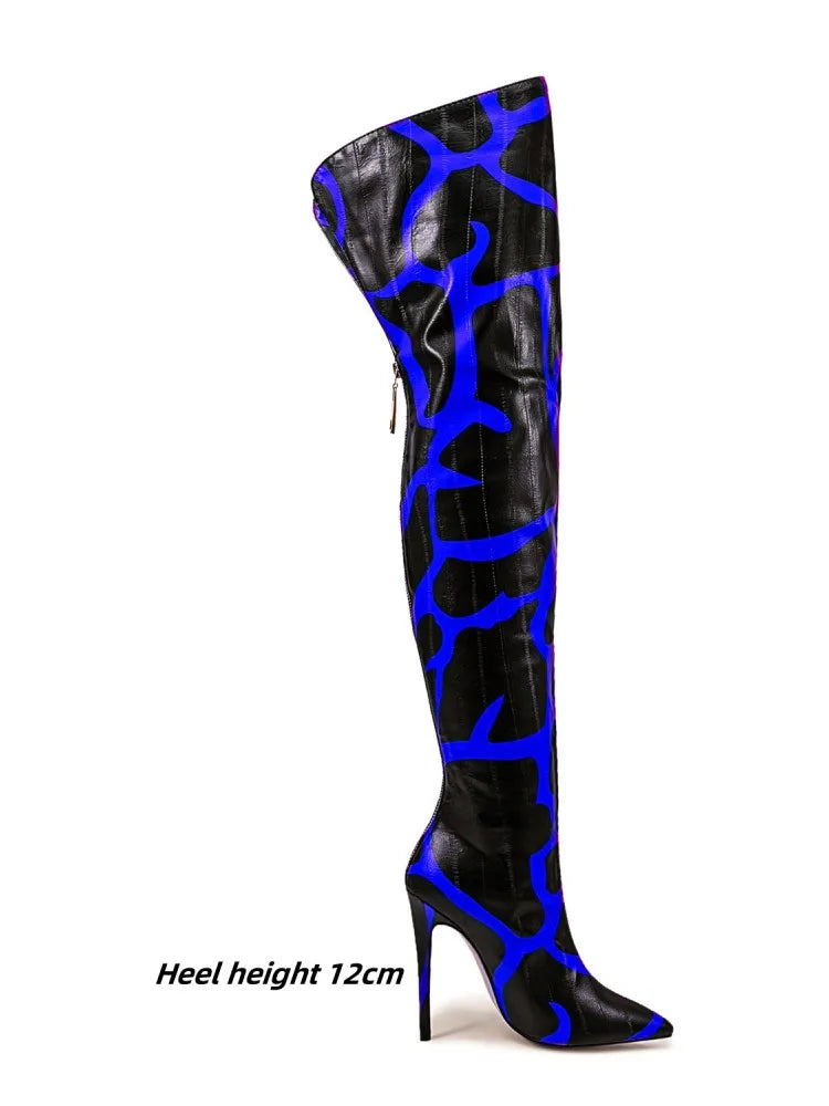 2024 Women's Euro-American Zebra Print Over-the-Knee Boots - Paneled Pointed-Toe Back-Zipper Stiletto, Plus Size Fashion Chic