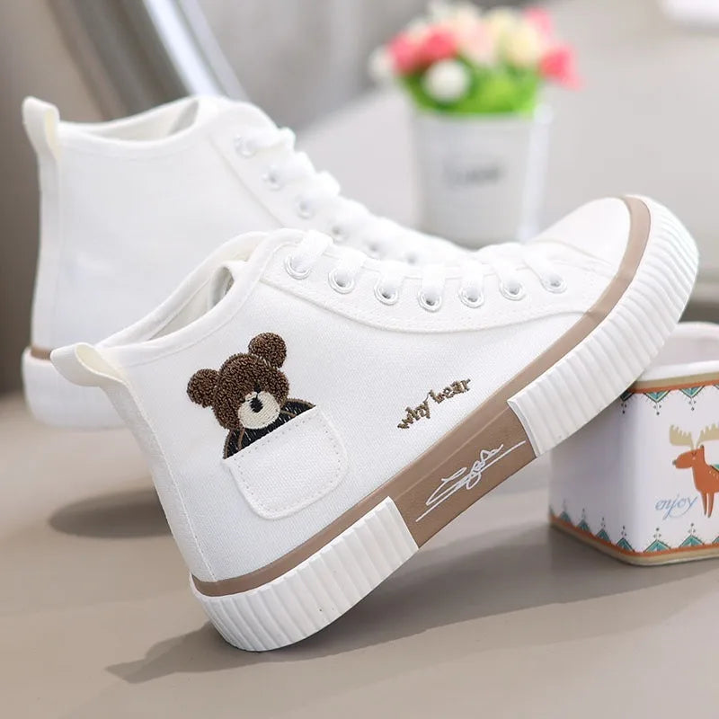 2025 Spring High Top Canvas Sneakers Women Thick Bottom White Shoes Women Casual Board Shoes Canvas Vulcanize Shoes Female