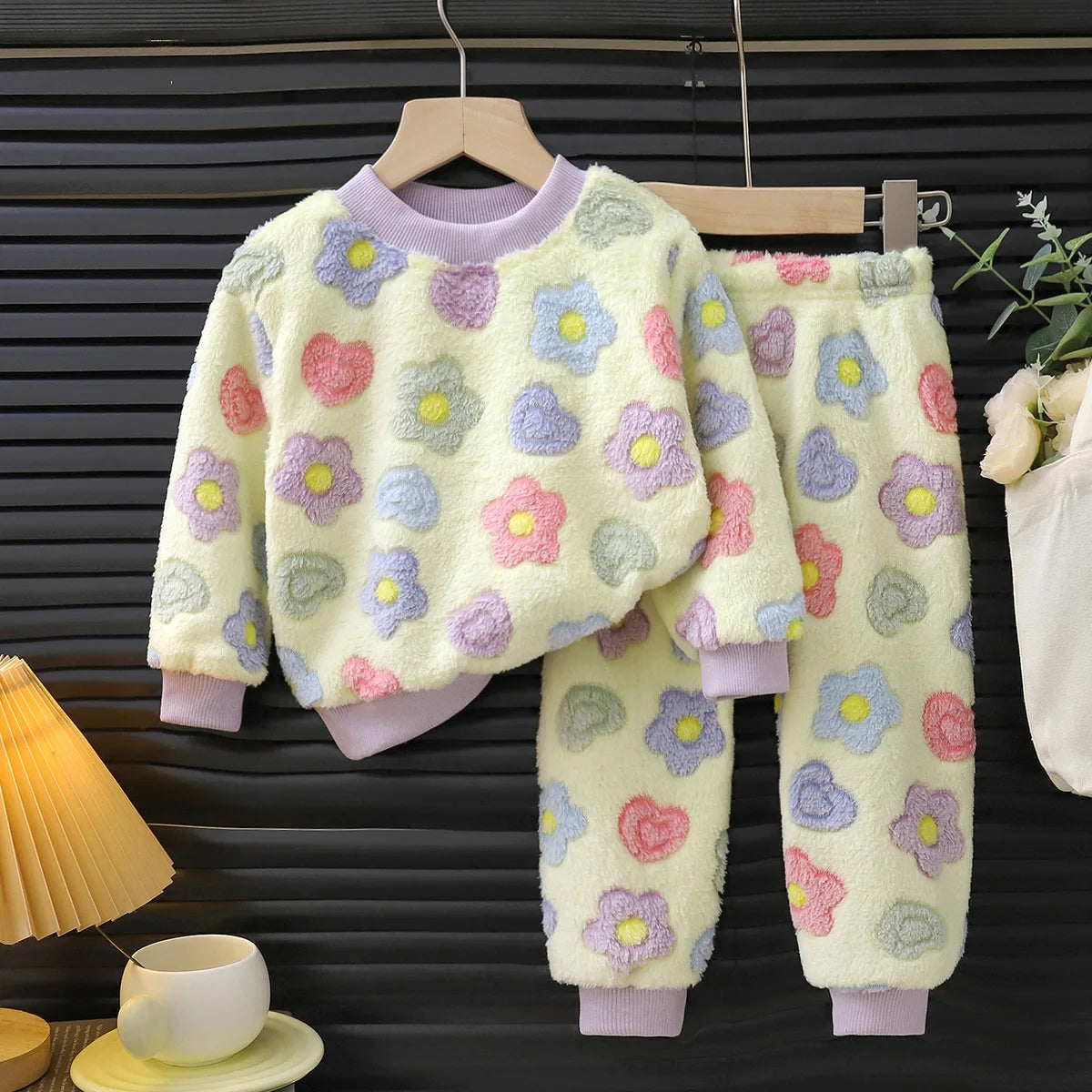 Children's Casual Soft Flannel Pajamas Sets Boys Girls Cartoon Flower Sleepwear Toddler Baby Autumn Winter Thicken Warm Pyjamas