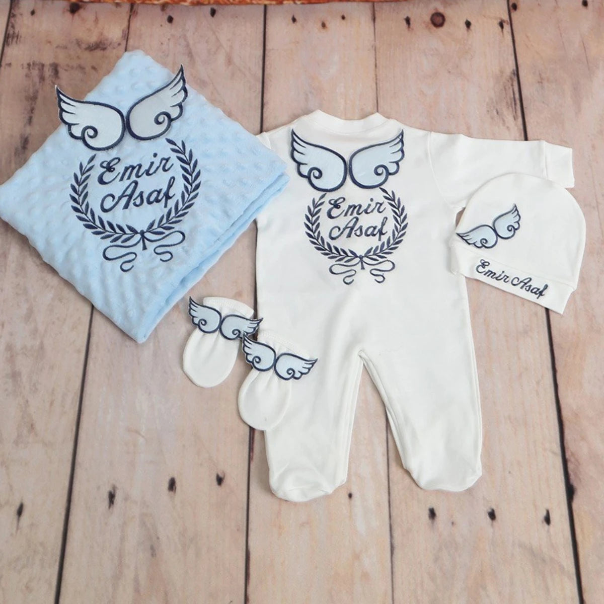 Customized Name Newborn Baby Boss Embroidery Lace Romper Outfit Infant Wrapped Baby Products Pants Mittens Receiving Blanket