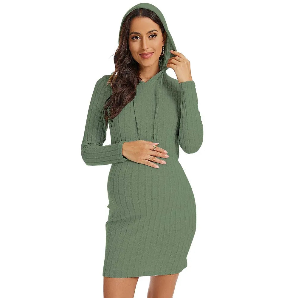 Pregnancy Dresses Relaxation Maternity Clothing Autumn Solid Color Knit Hoodie Daily Dress Close-fitting Skirt Women Clothes