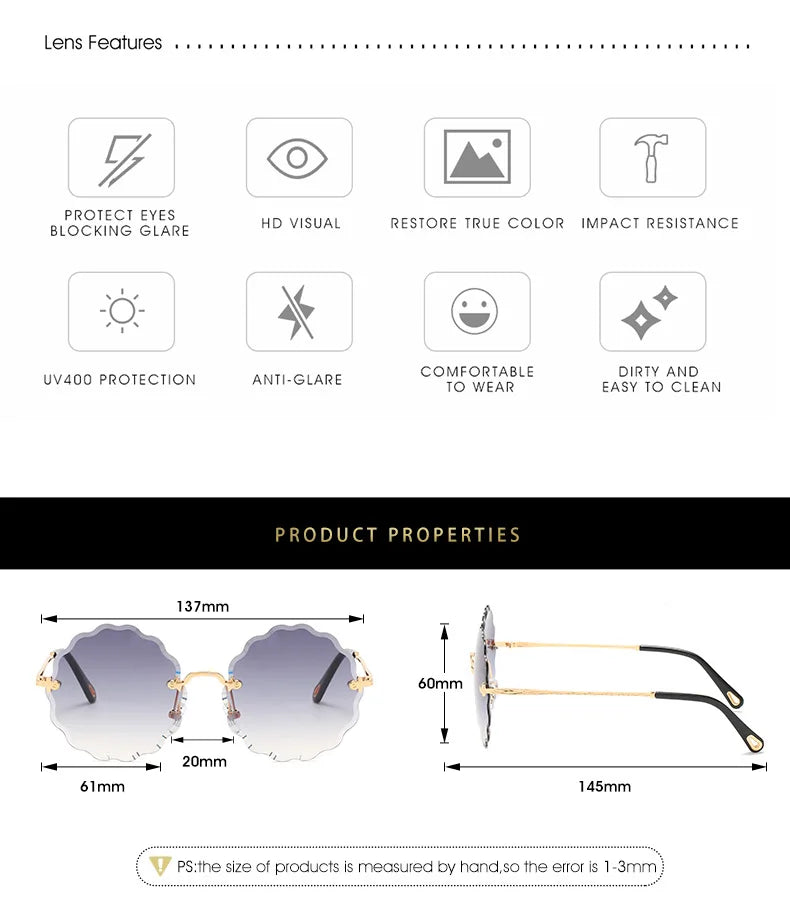 Oversized Round Sunglasses For Women Men Fashion Luxury Brand Design Rimless Sun Glasses Ladies Outdoors Travel Shades UV400