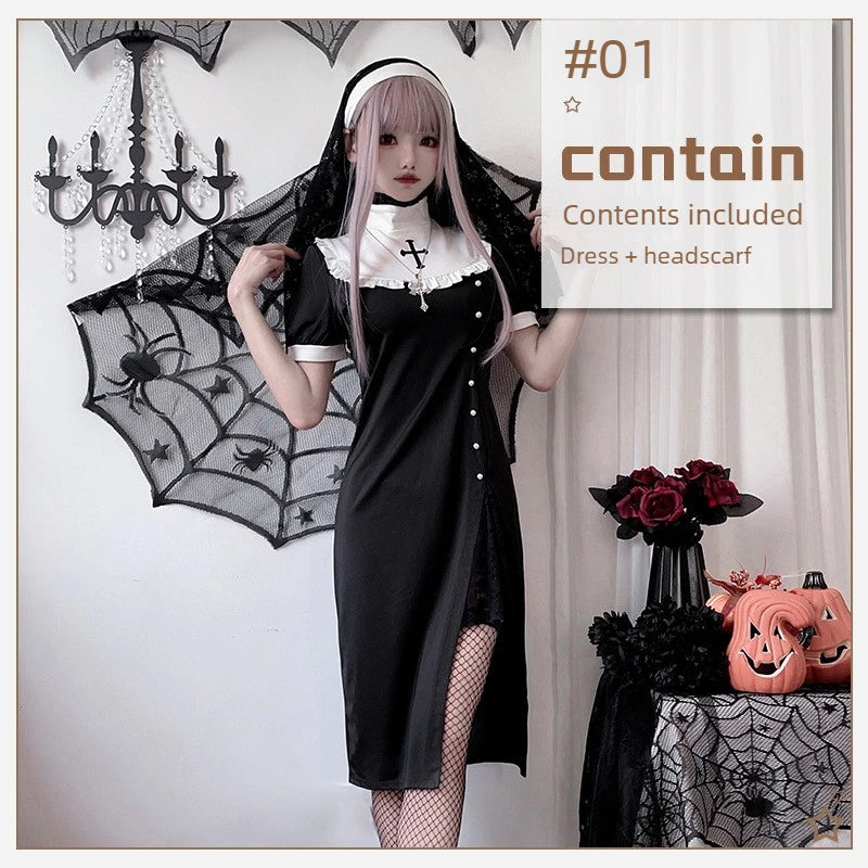 [You're My Secret] 2026 Halloween Cosplay Costumes Women's Vampire Costume Gothic Nun's Clothing Sexy Lace Slim Fit Black Dress