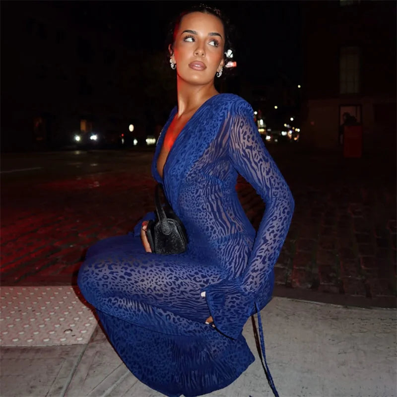 Mozision Deep V Neck Long Sleeve Sexy Maxi Dress Women Gown Elegant Leopard Print Mesh See Through Club Party Long Dresses
